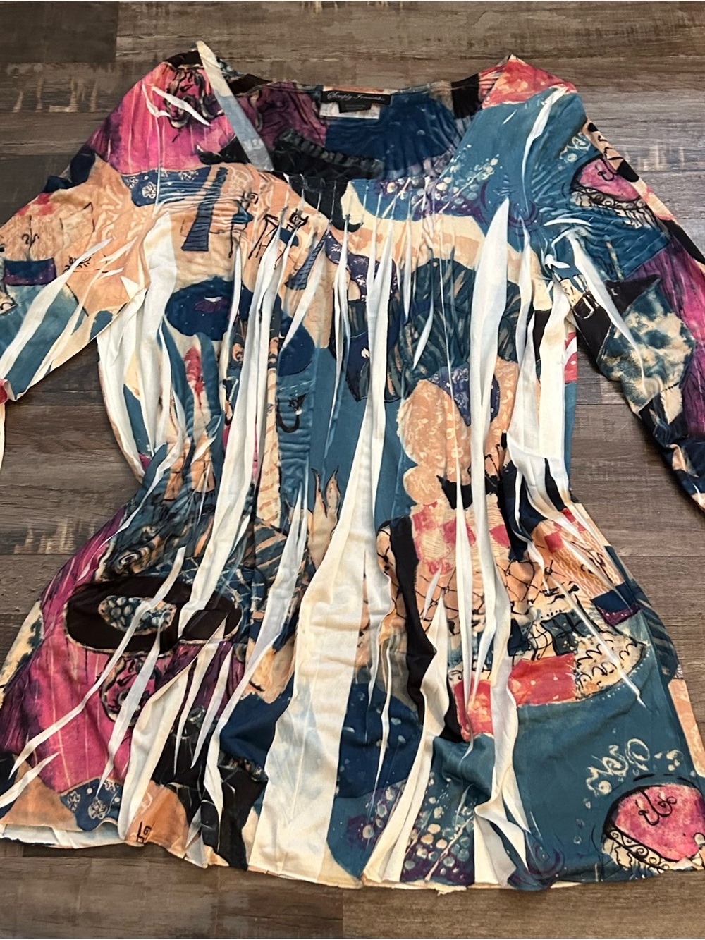 Simply Irresistible Women’s Silky Multicolor Abstract‎ Fringe Blouse Size L